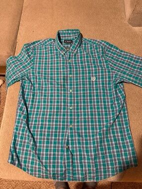 Chaps Men's Teal and White Plaid Button-Down Shirt